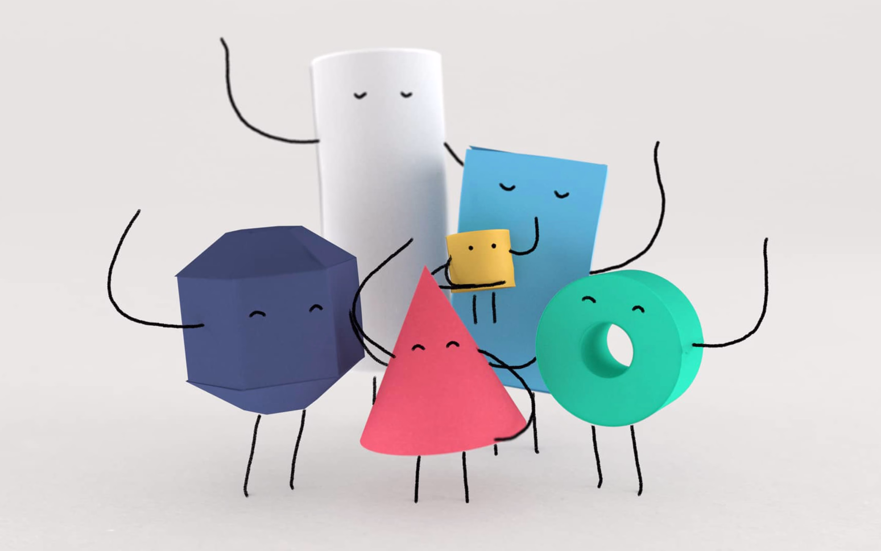 A group of colorful geometric shapes with smiling faces stand together, each with thin, playful arms.