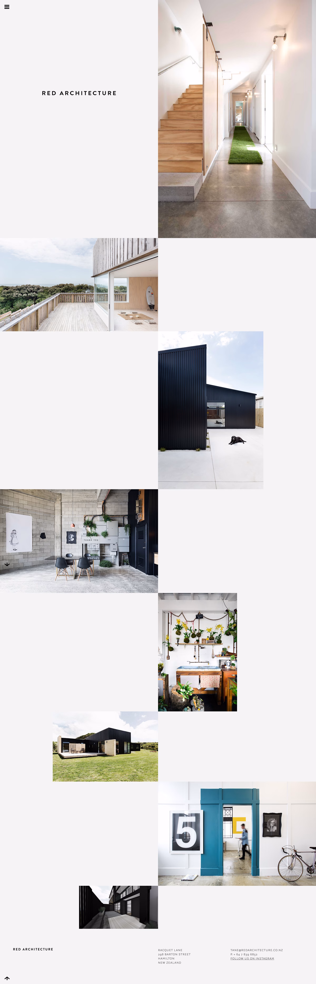 A minimalist layout features various architectural images, including a striking black structure and a bright green lawn.