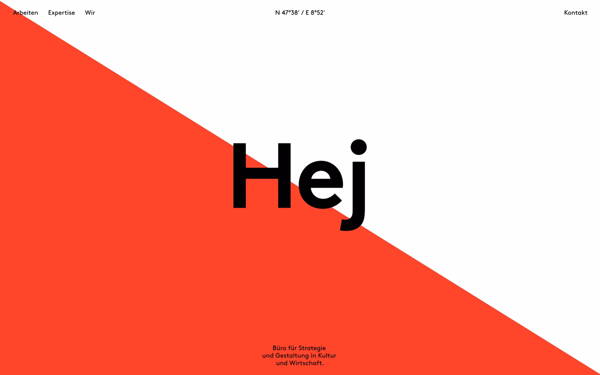 A bold graphic design features the word "Hej" in large, black typography against a vibrant orange and white background.