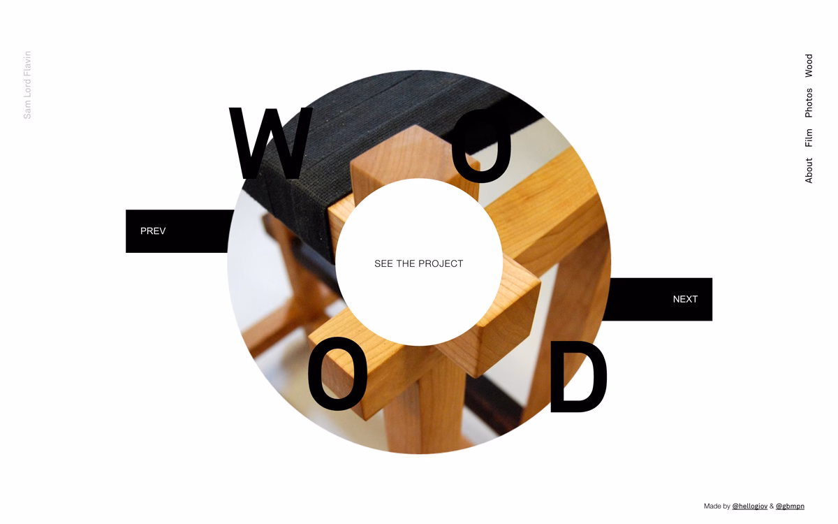 A stylized graphic features wooden furniture details, with bold typography circling a central project title.