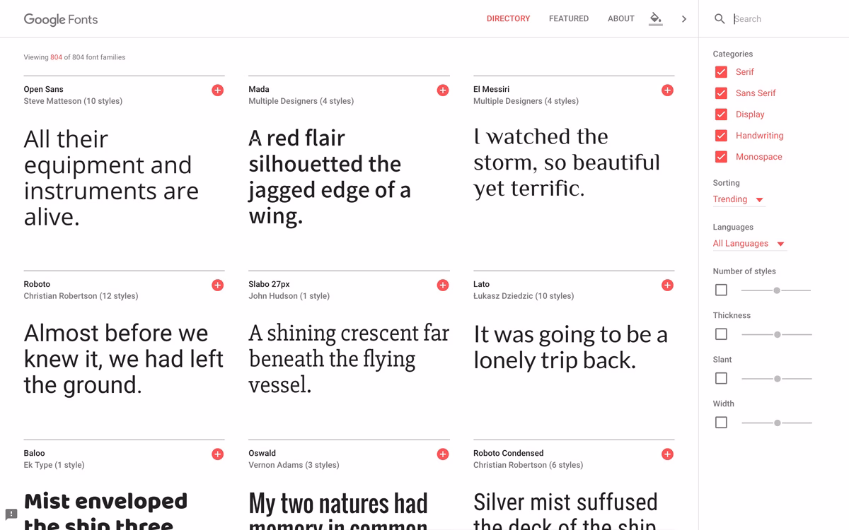 A grid display of various font families with text samples in different styles and a red highlight in the interface.