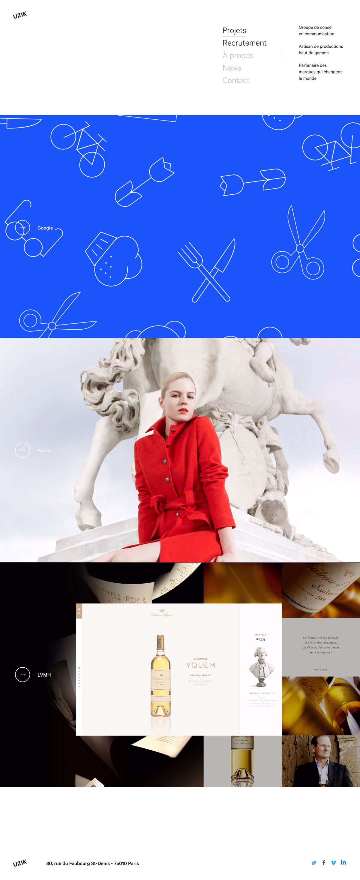 A woman in a red coat sits against a white statue, with a vivid blue background featuring simple line icons.