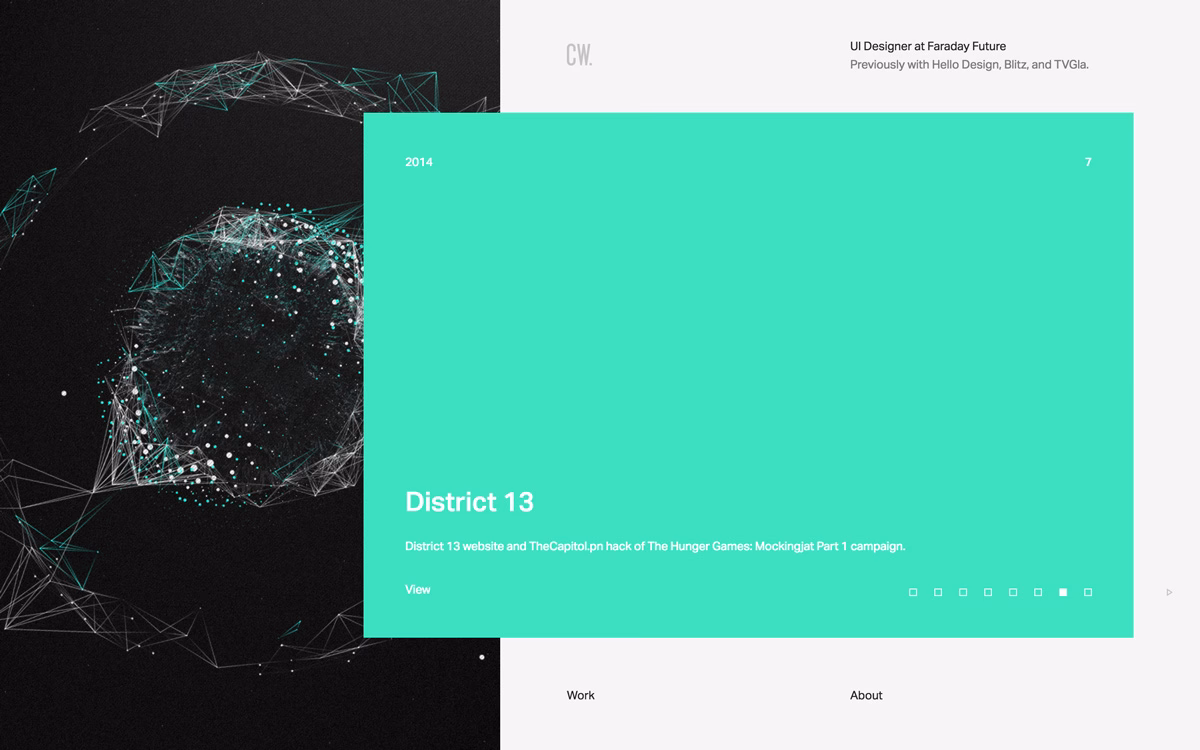 A bright teal overlay featuring text about the District 13 campaign against a dark, abstract background of lines and dots.