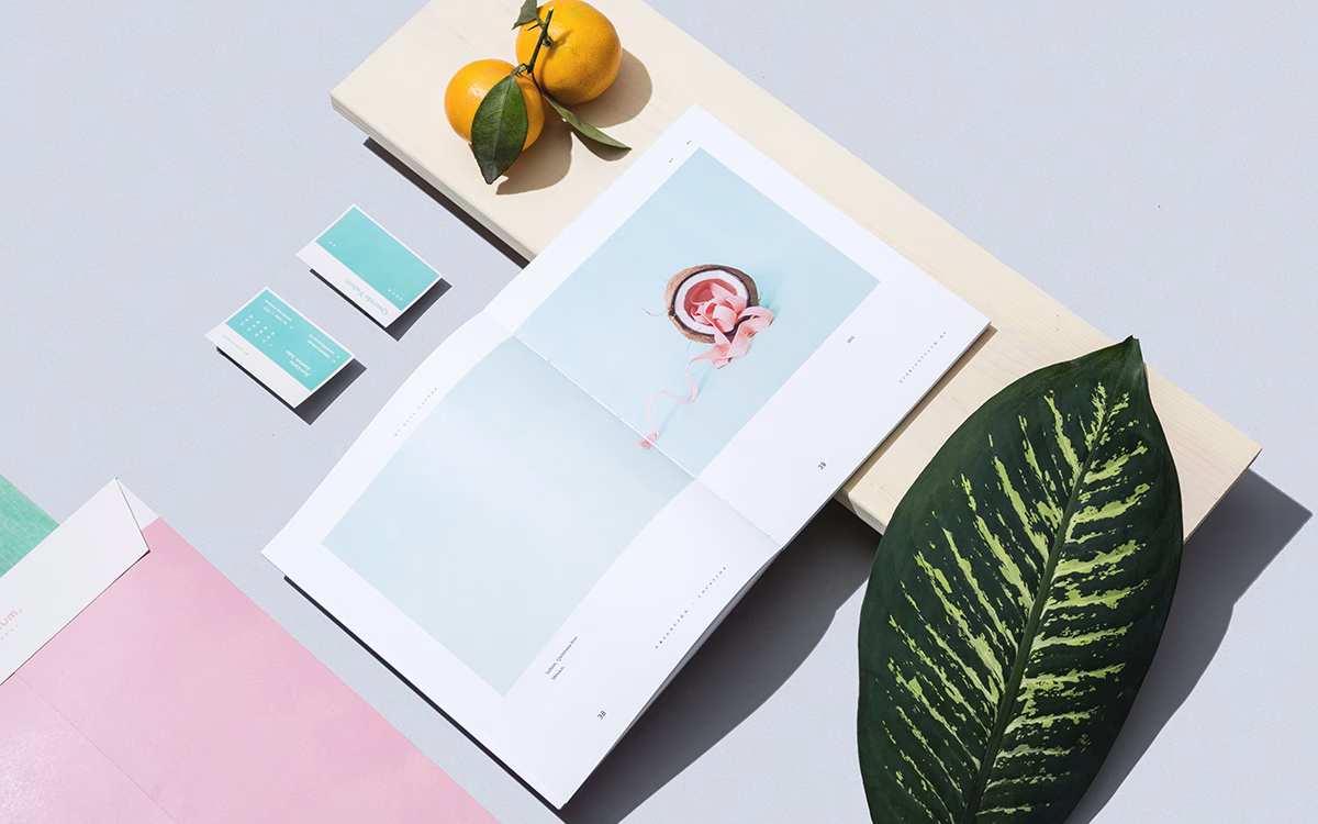 A flatlay featuring a pastel magazine, business cards, oranges, and a large green leaf on a smooth gray surface.