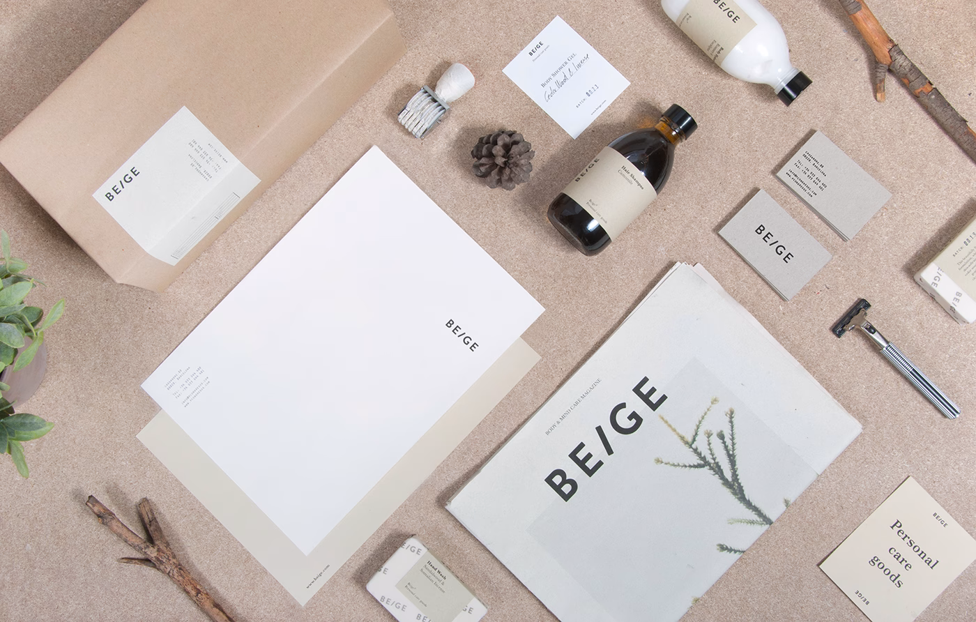 A collection of natural materials and minimalistic packaging, featuring beige tones and clean typography.