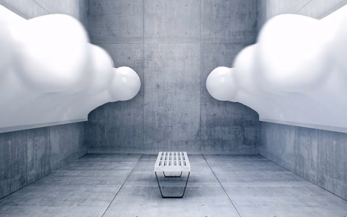 A minimalist gray room features a sleek white bench and stylized white clouds emerging from the walls.