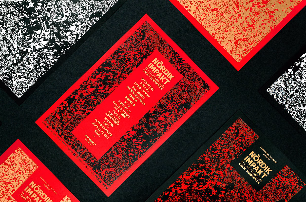 A collection of vibrant red and black posters with abstract designs and text on a dark background.