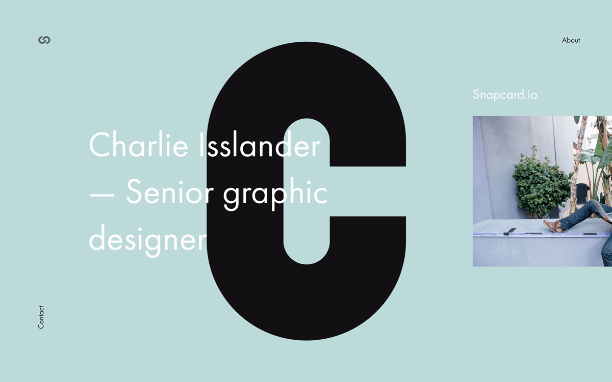 A light blue background features bold black typography for a graphic designer's name and title, alongside a photo of a person.
