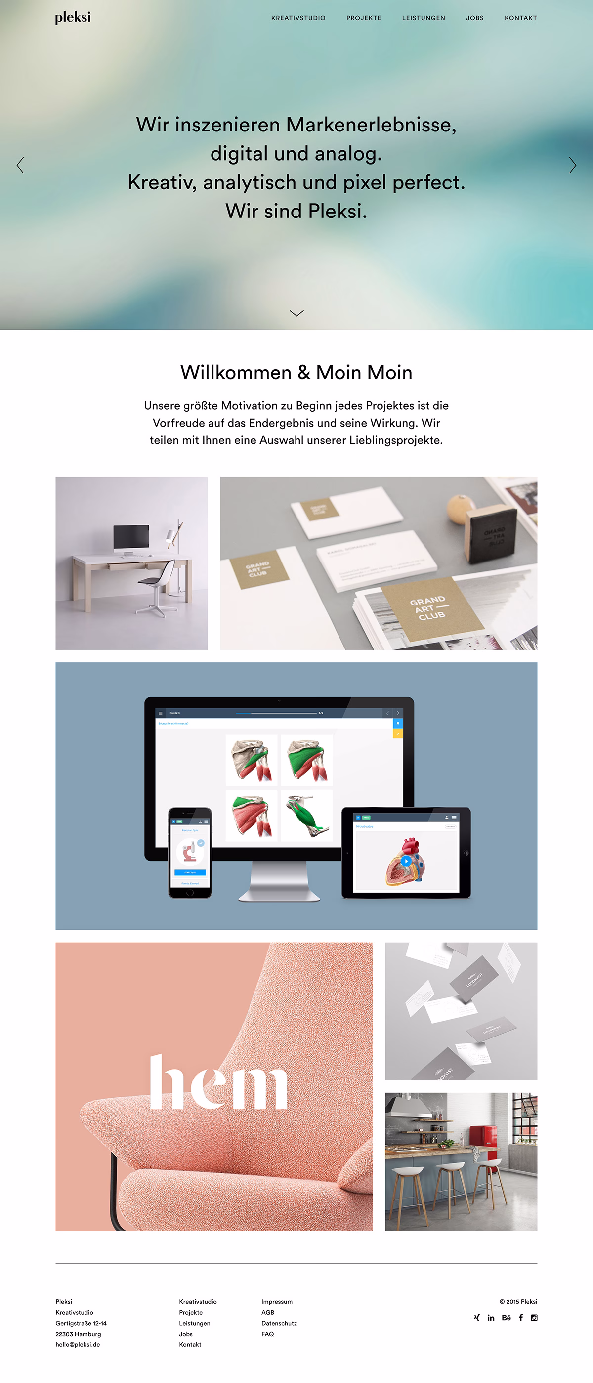 A modern webpage featuring a pastel color palette with images of design projects, stationery, and a stylish chair.