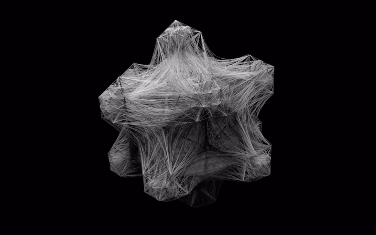 A delicate, intricate structure composed of thin, interwoven lines, set against a stark black background.