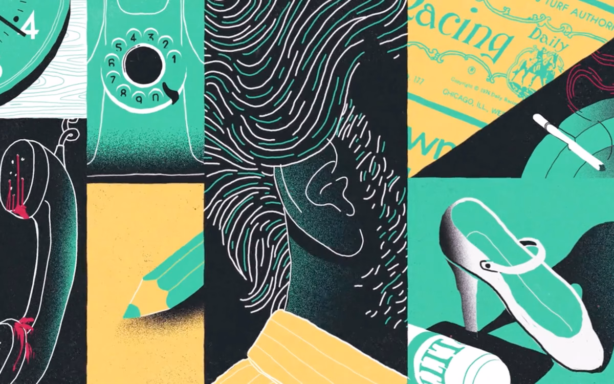 A collage of objects including a vintage telephone, a pencil, a high-heeled shoe, and flowing hair, rendered in vibrant teal and yellow.