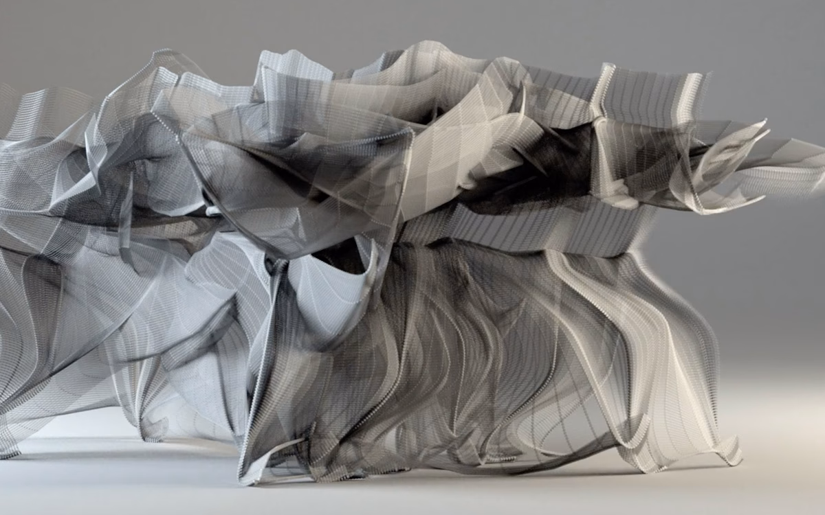 A flowing, abstract form made of layered black and gray lines creates a sense of movement and depth against a light background.