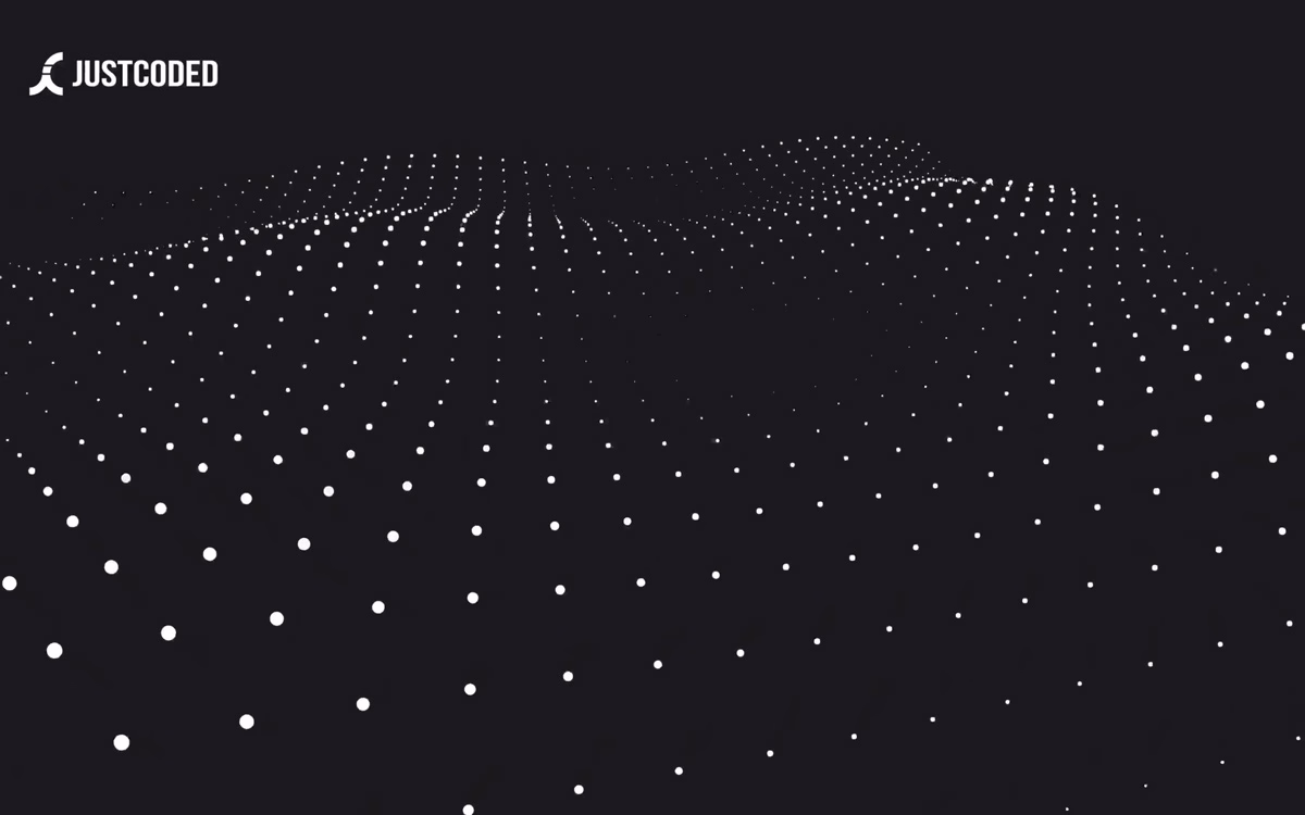 A dark background with a wave of evenly spaced white dots creating a 3D illusion of depth and movement.