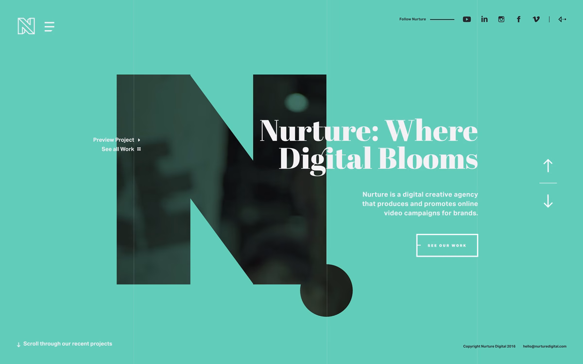 A teal website layout features bold typography with the word "Nurture" prominently displayed at the center.