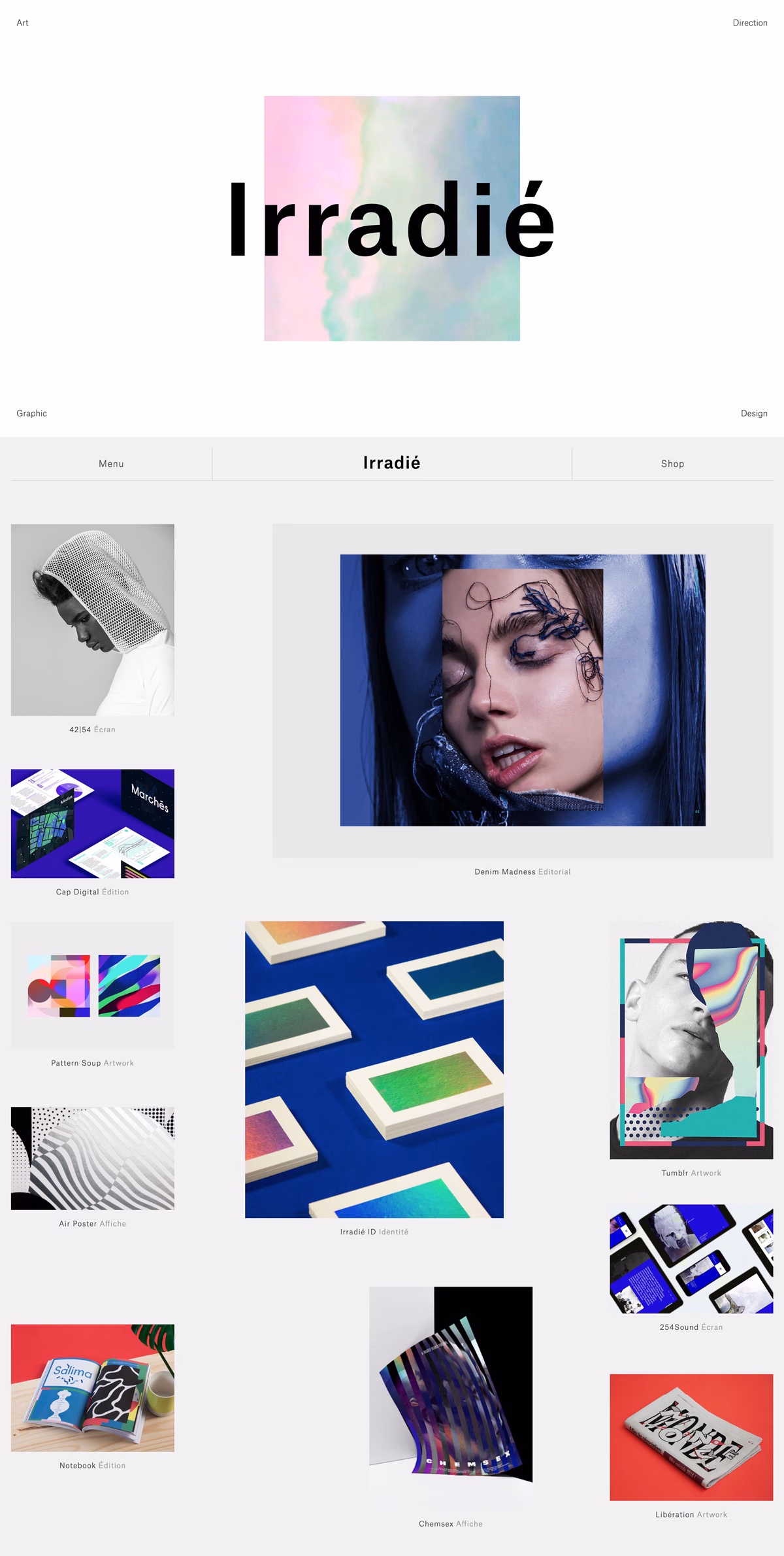 A grid layout showcases various graphic designs, featuring vibrant colors and diverse materials throughout the pieces.