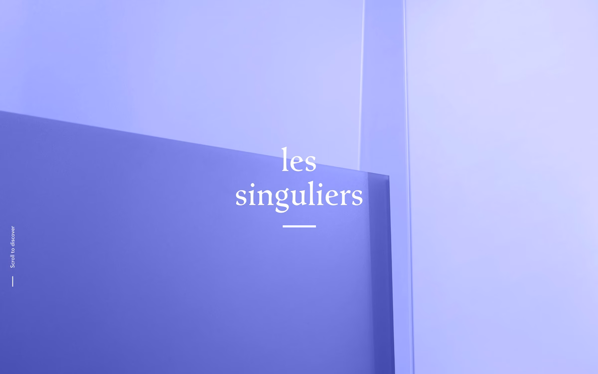 A minimal design featuring soft purple hues, with text reading "les singuliers" over geometric shapes.