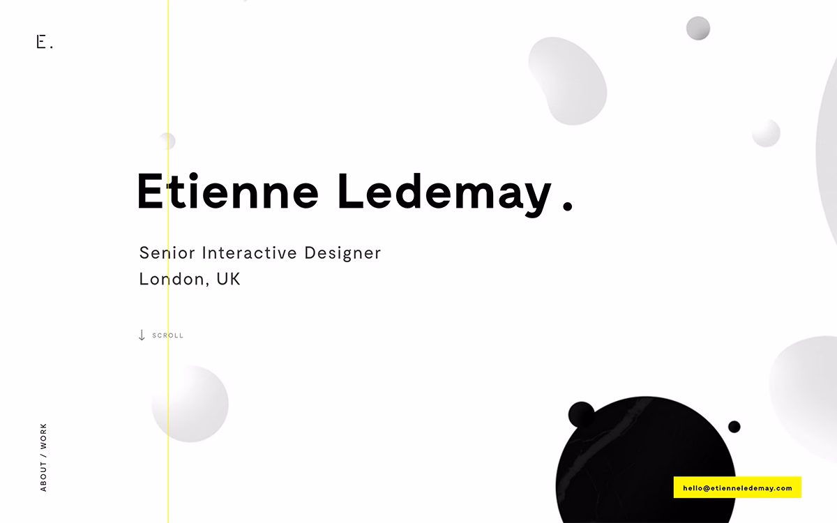 A minimal web design featuring bold black text, abstract shapes, and a vibrant yellow button on a white background.