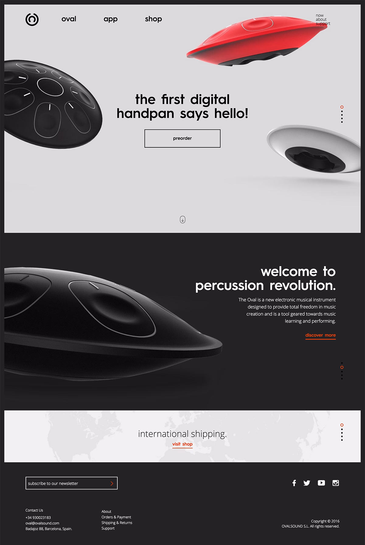 A black digital handpan is featured prominently, alongside a bright red model, set against a minimalist grey background.