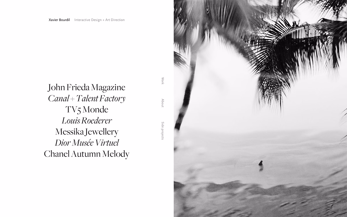 Black and white layout featuring text listing various brands and projects alongside a blurred water and palm tree scene.