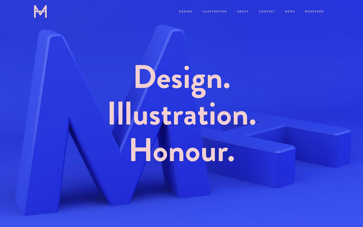 A bold, blue background features large text that reads "Design. Illustration. Honour." in a modern font.