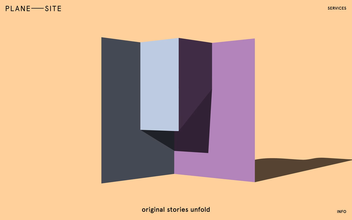 Abstract geometric forms in gray, blue, and purple cast shadows against a soft peach background.