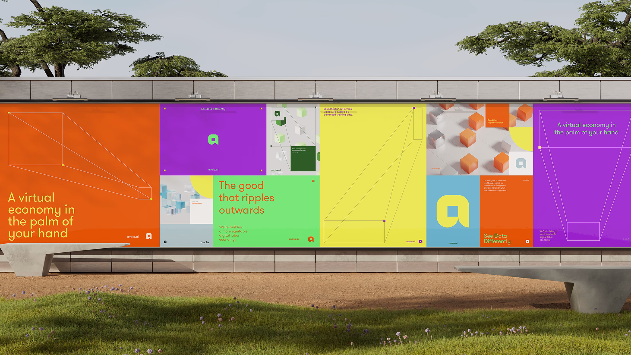 A vibrant display features multiple colorful panels with geometric designs and text promoting a virtual economy.