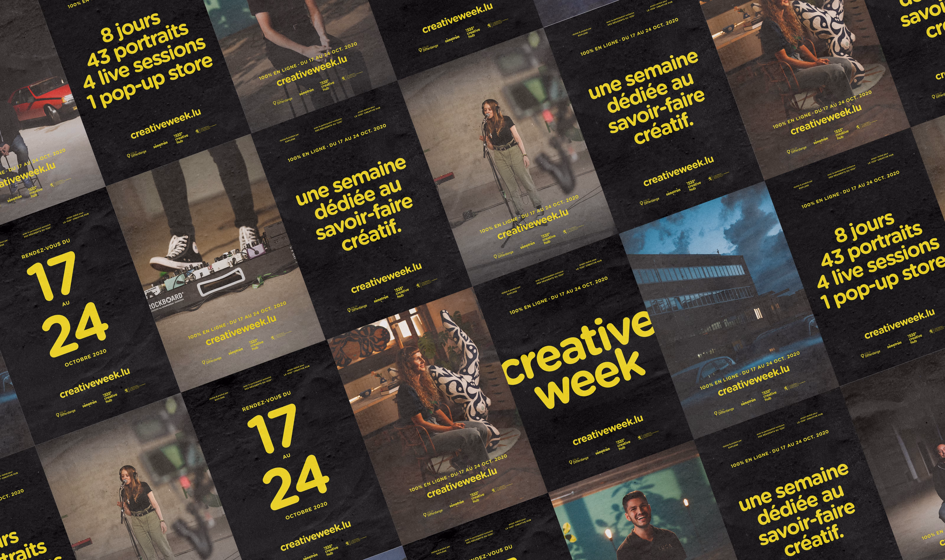 A collage of event posters featuring bold yellow typography on a textured black background, promoting a creative week.