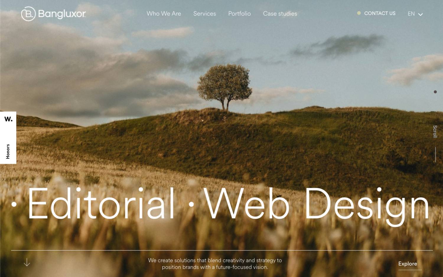 A lone tree on a grassy hill, with "Editorial • Web Design" text overlay.