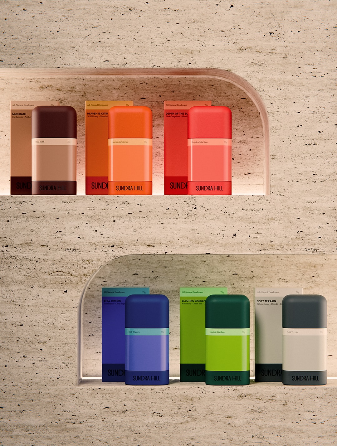 Colorful deodorant sticks neatly arranged on two stone shelves.