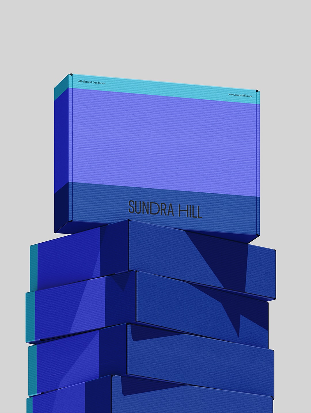 Stack of blue boxes labeled "Sundra Hill" with a clean background.