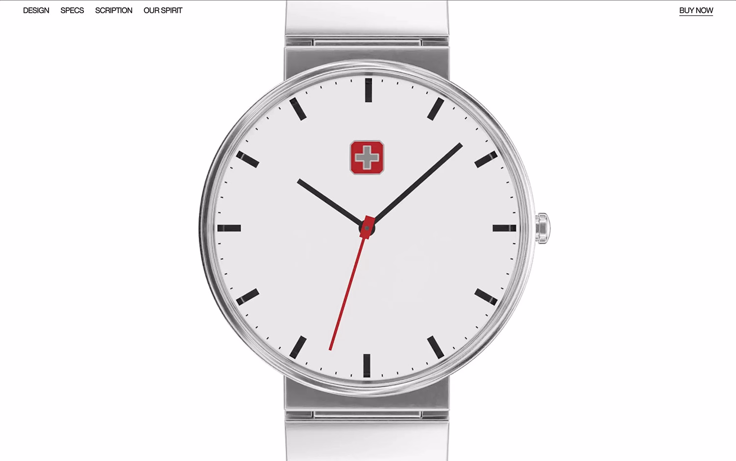 Minimalist silver watch with black markers, red second hand, and a red cross logo.