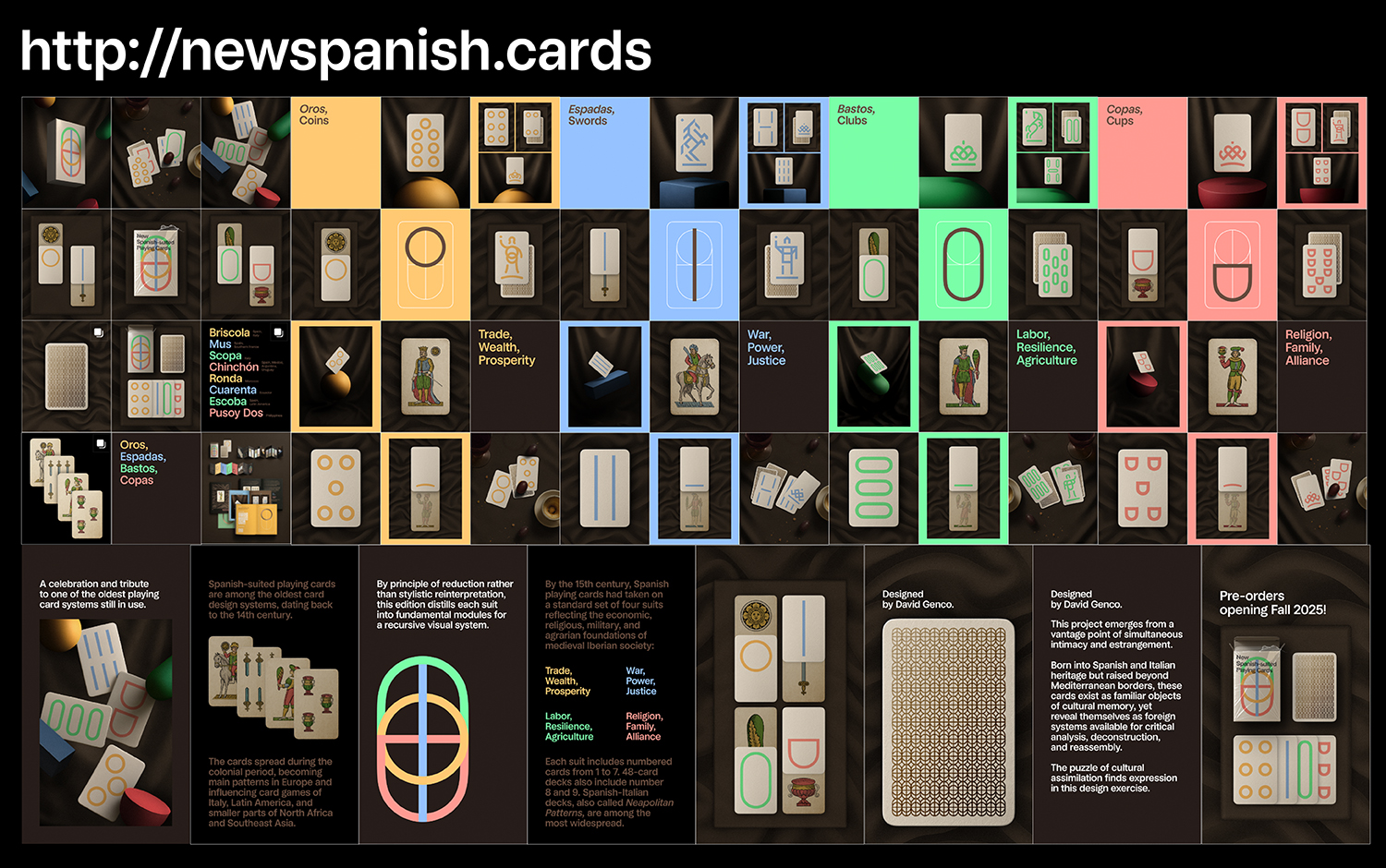 A grid of Spanish card designs displaying symbols, suits, and thematic descriptions.