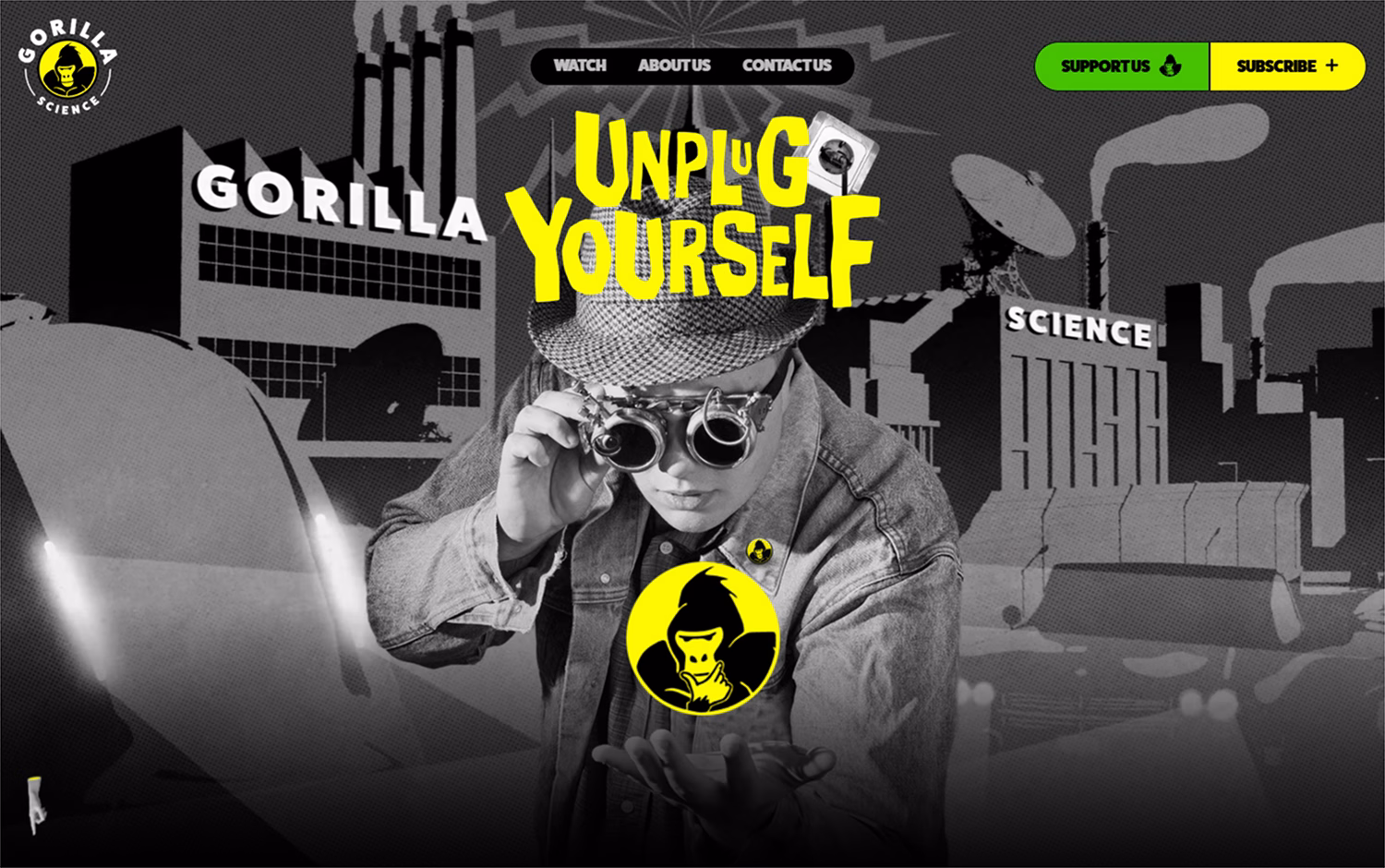 Person examining with binoculars; text reads "UNPLUG YOURSELF," with industrial backdrop.