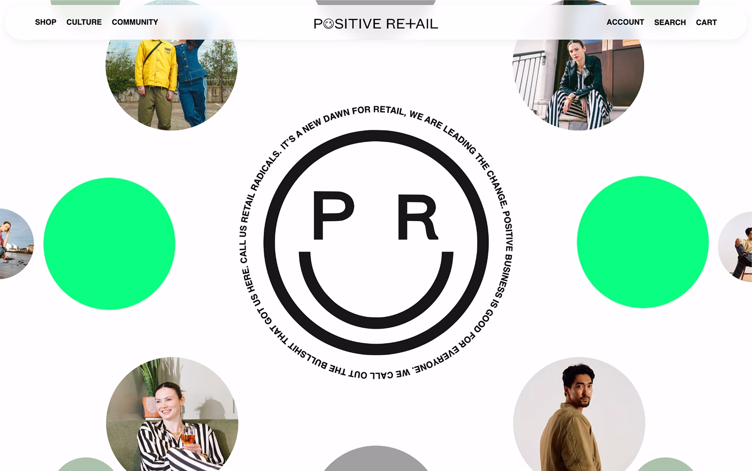A retail website banner with circles, "PR" logo, and diverse model images.