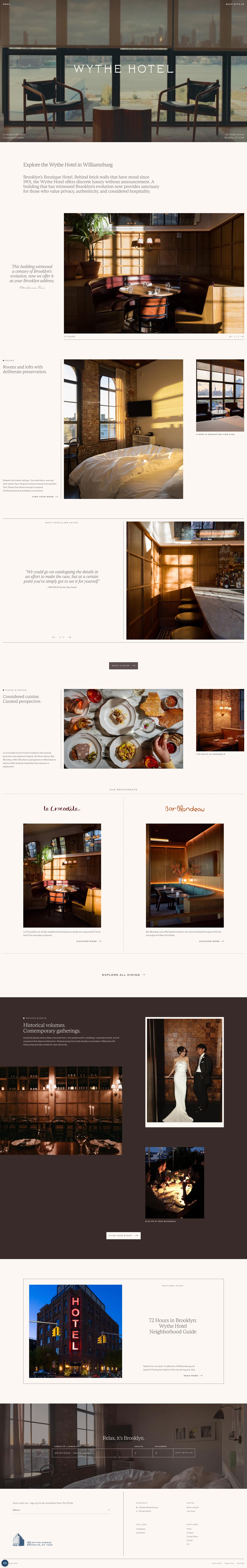 A hotel webpage featuring interiors, dining, events, and city views.