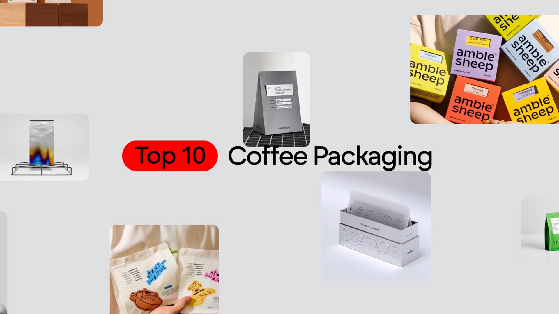 "Top 10 Coffee Packaging" with creative, colorful designs on display.