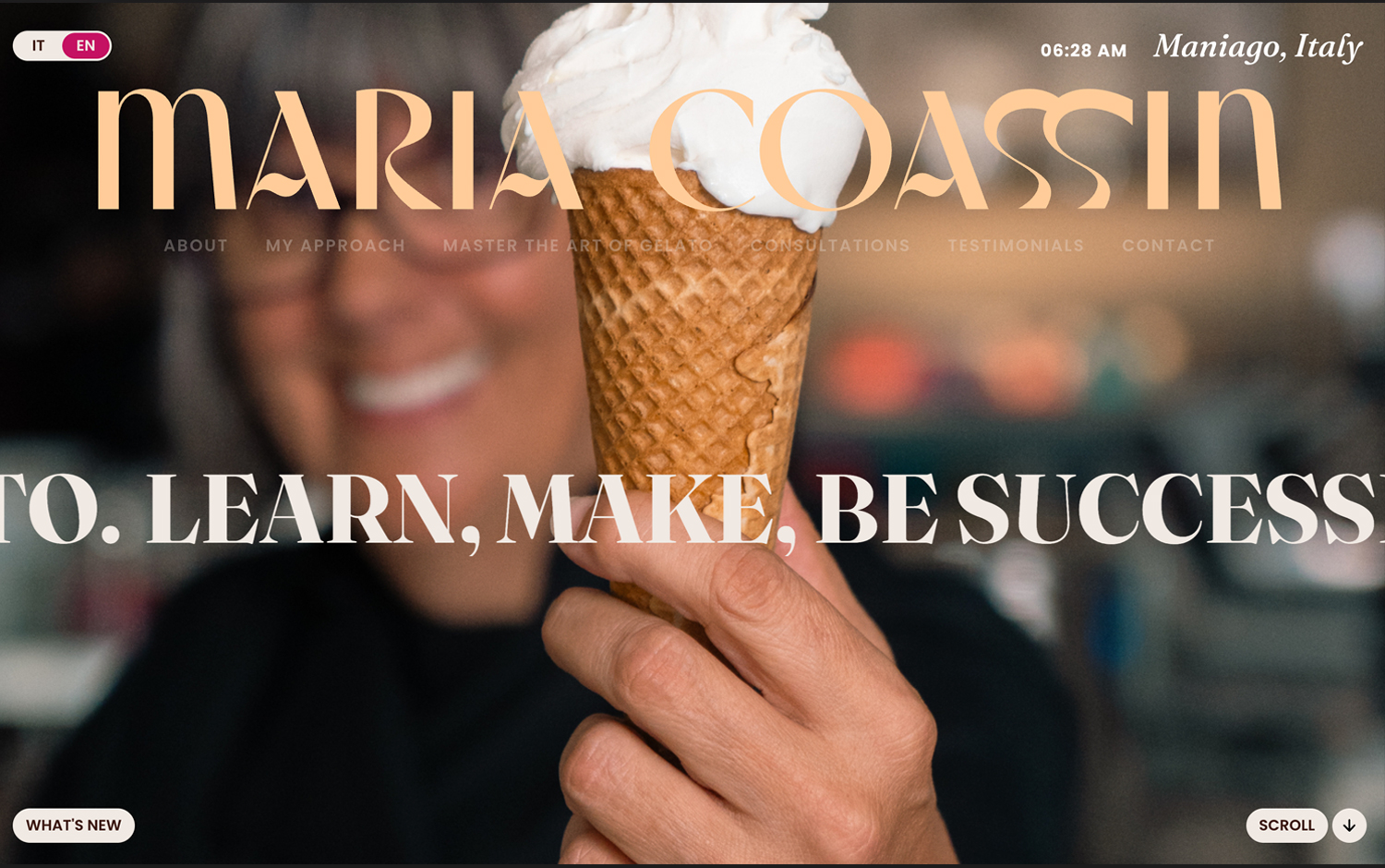 A hand holds an ice cream cone with "MARIA COASSIN" text overlay.