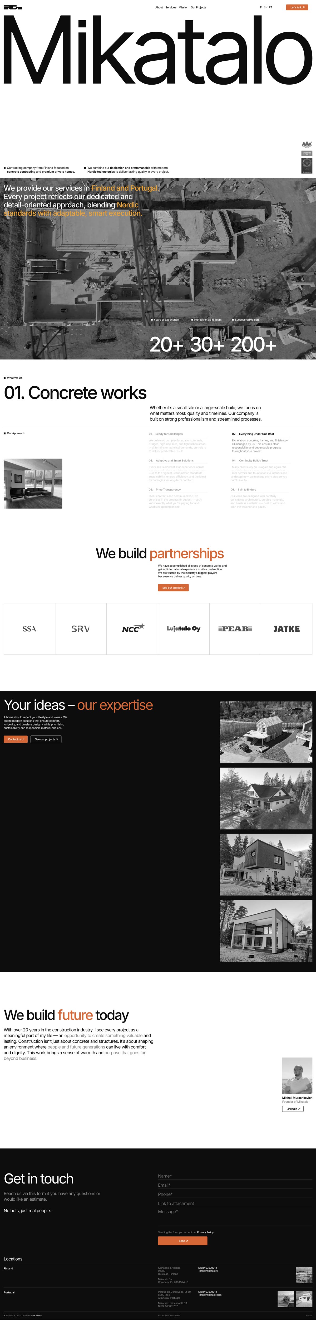 Website showcasing Mikatolo construction services in Finland and Portugal.