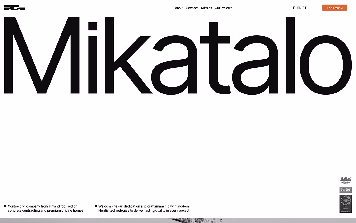 Black "Mikatalo" text on a white website header with navigation and a contact button.