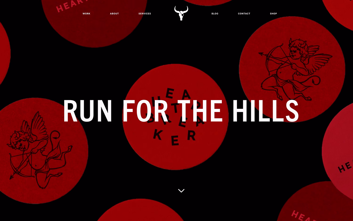 Red circular graphic designs with black illustrations and text on a black background, featuring the phrase "RUN FOR THE HILLS."