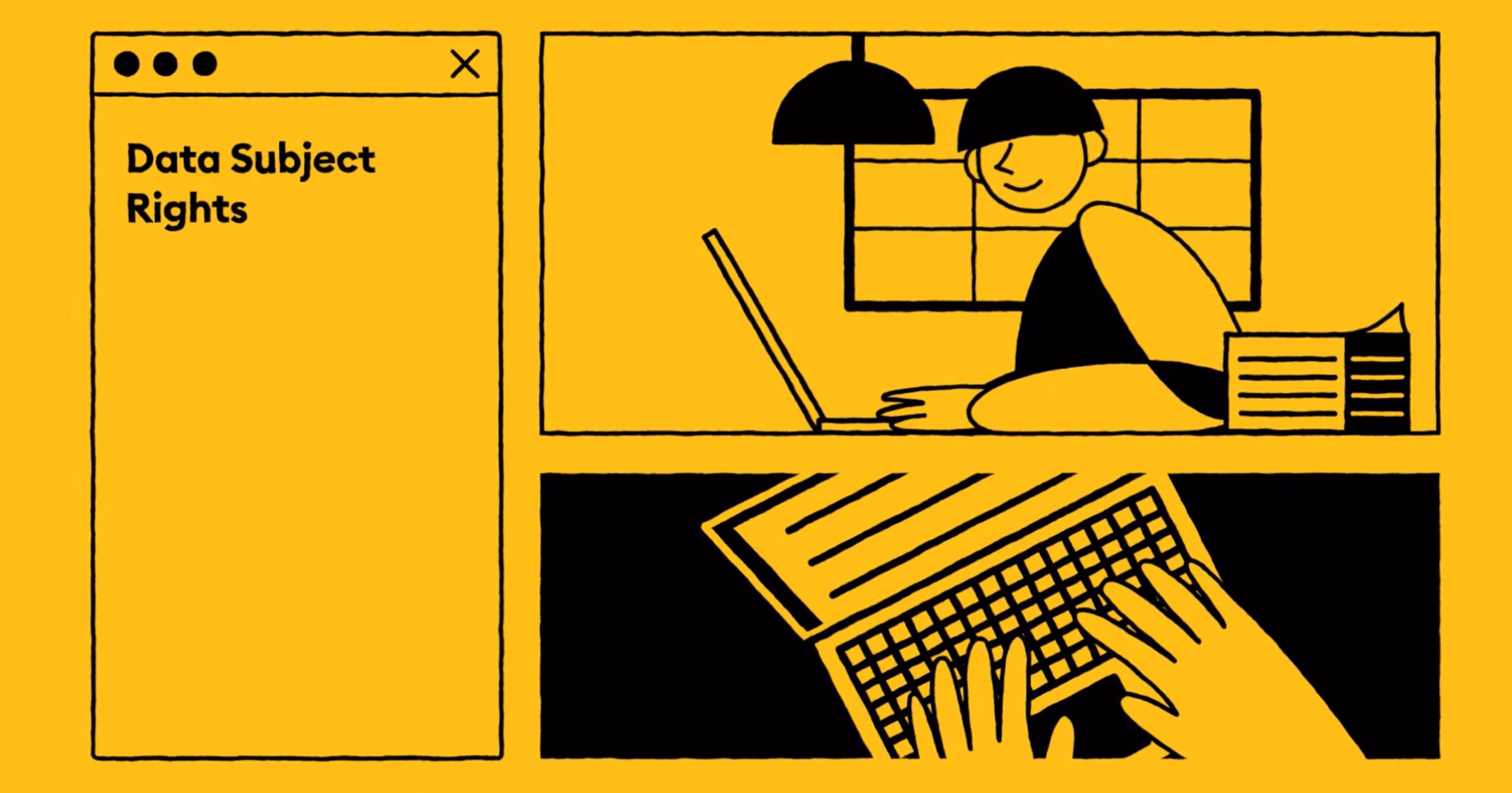 A yellow illustration depicts a person working on a laptop, with hands typing on a keyboard below and a window in view.