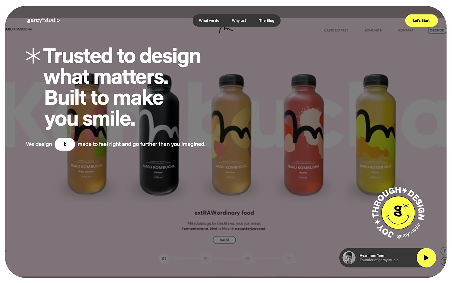 Website design showcasing colorful kombucha bottles with bold text about design philosophy.