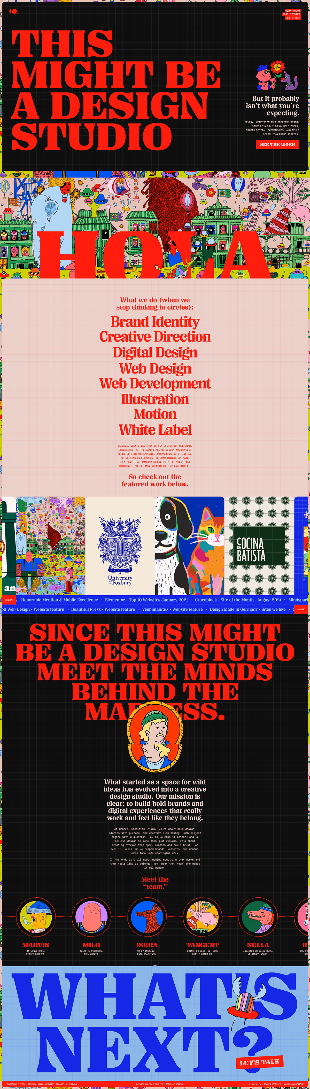 Colorful design studio website with bold text, illustrations, and featured works.