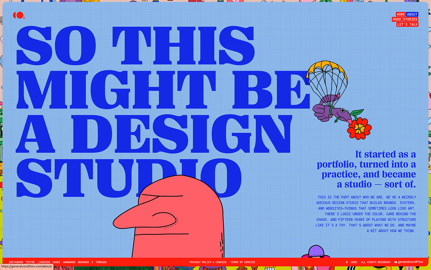 Blue text says "SO THIS MIGHT BE A DESIGN STUDIO" with illustrations on a grid background.