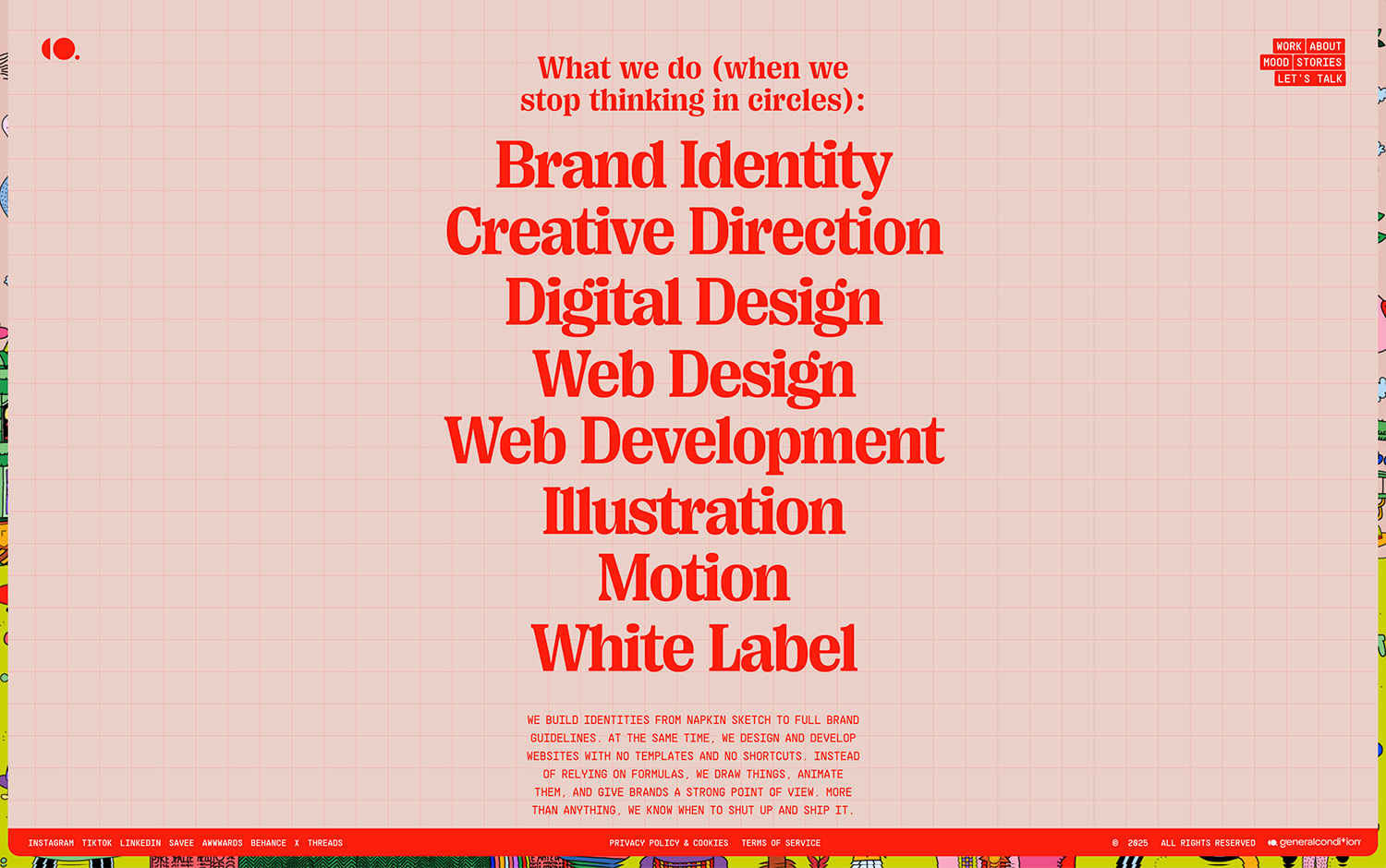 List of creative services on a grid background with red text.