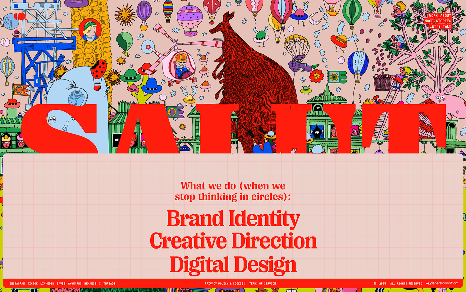 Colorful montage with red "SALUT" text and creative design services description.