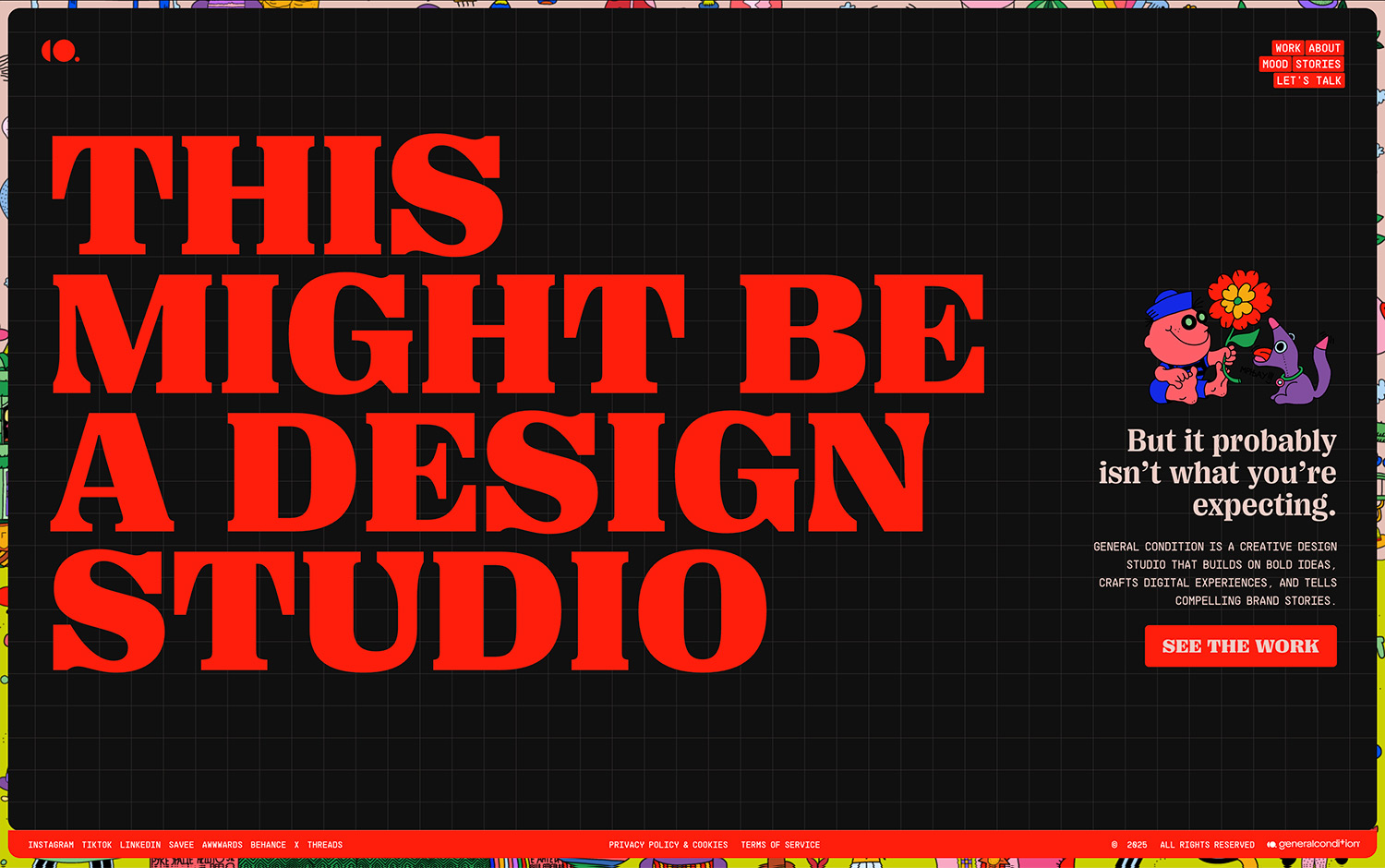 Bold text declares "THIS MIGHT BE A DESIGN STUDIO" with cartoon characters on a grid background.