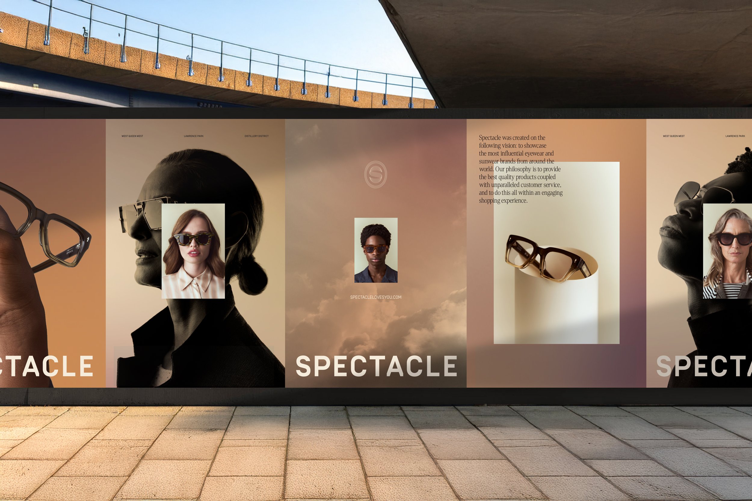 Ad showcasing sunglasses with various models, images, and descriptive text in a modern setting.