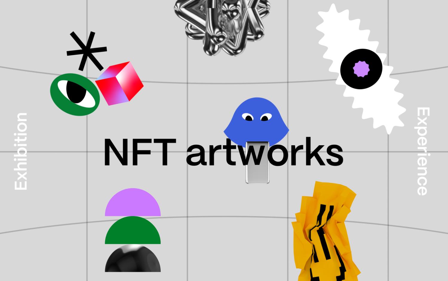 "NFT artworks" text surrounded by abstract shapes on a gray backdrop.