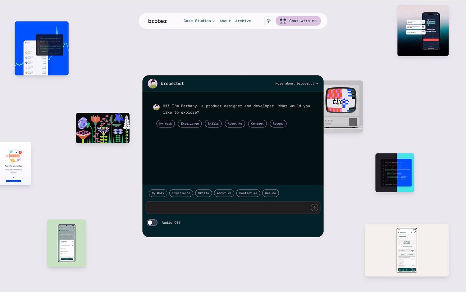 Dark-themed chat interface with "broberbot"; images and widgets scattered around.